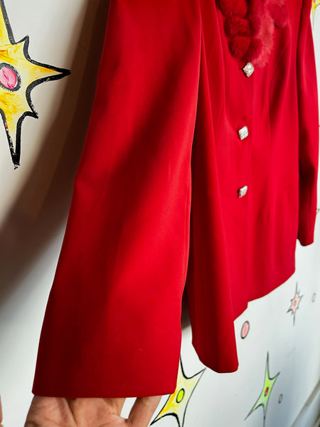 Vintage 80s Cherry Red Christmas Holiday Party Blazer – Glam Feather Trim XL+