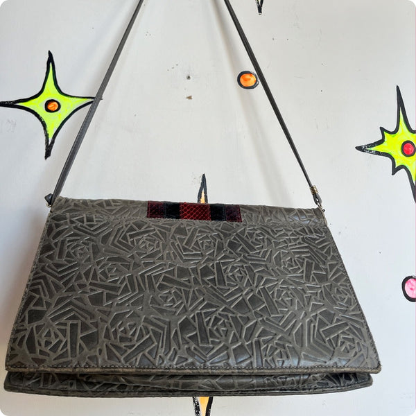 Vintage 80s Gray Red Black Snakeskin Leather Art Wear Bag Designer Handbag Purse
