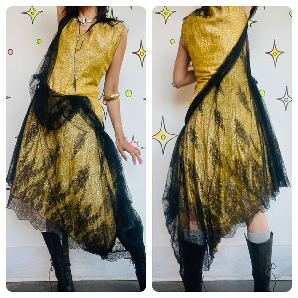 Antique 1920s Gold and Black Lace Flapper Party Dress | Gatsby Era Evening Gown