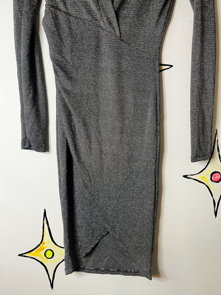 90s Fairy Grunge Silver Holiday Party Dress - Slinky Stretchy Glitter Mini - S