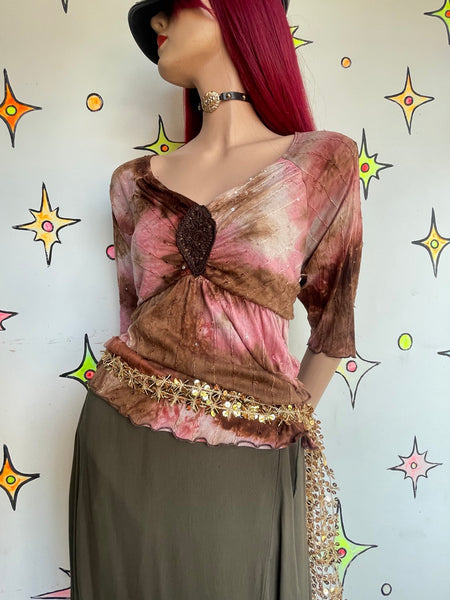 Y2K Pink & Brown Tie-Dye Crochet Embellished Top Fairy Grunge Boho L