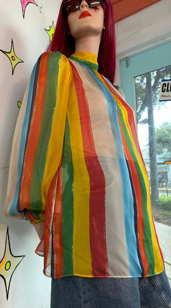 Archival 2002 Dolce & Gabbana Silk Rainbow Stripe Bow Blouse Circus Clowncore ML