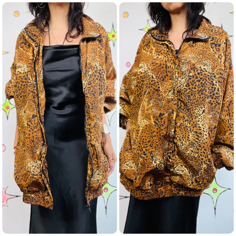 Vintage 80s 90s Leopard Print Mob Wife Windbreaker Bomber Jacket Oversized XL+