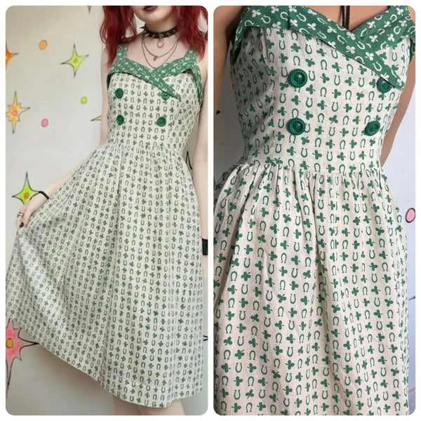 1950s Green Irish Novelty Dress Lucky Horseshoe Print Fit & Flare Pin Up - M