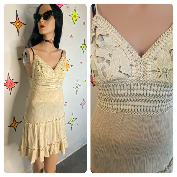 White Crochet Mini Dress Fairy Whimsy Boho Grunge Festival Dress Western XS