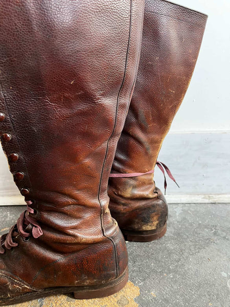 Original WWI Era U.S. Officer's Tall Leather Boots - Vintage Brown Knee-High Men's 12