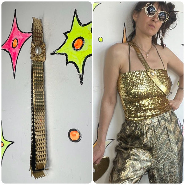 Vintage Gold Metal Stretch Belt Minimalist 80s Glam Statement Cincher