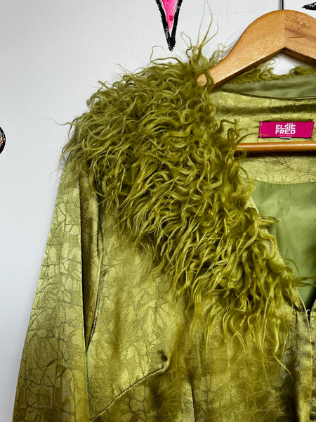 Vintage 90s Y2K Silky Lime Green Robe Boho Grunge Glam Coat w Faux Fur Trim - M
