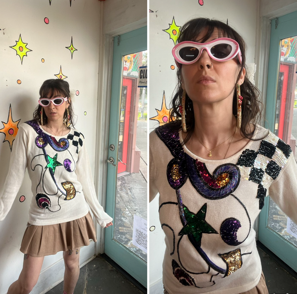 80s Pop Art Sweater Avant Garde Beaded Wearable Art Ramie Cotton Knit S