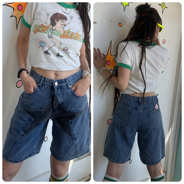 Y2K Denim Jorts with Star Detail - Grunge Emo Streetwear Long Shorts SM