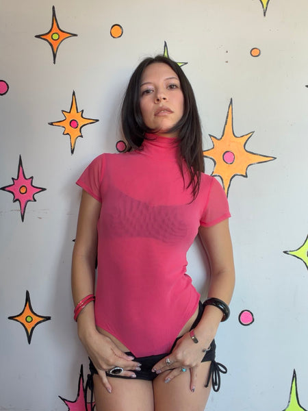 Super Soft Y2K Pastel Pink Sheer Stretch Turtleneck Bodysuit Coquette Dollcore S