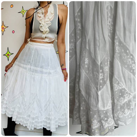 Antique 1910s White Cotton Edwardian Rococo Coquette Petticoat Slip Lawn Skirt