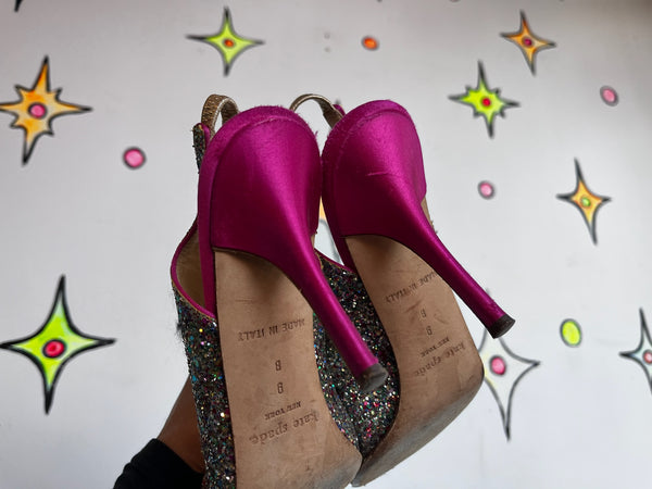 Kate Spade Glitter Peep Toe Heels – Coquette Y2K Sparkly Silver Glam Pumps – 9