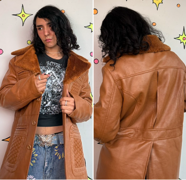 Vintage 70s Vinyl Sherpa Coat Faux Fur Penny Lane Jacket Boho Hippie Retro XL