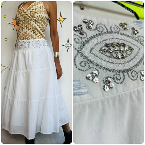 Y2K Embellished White Boho Tiered Maxi Skirt - Cottage Core Fairy Grunge - 6