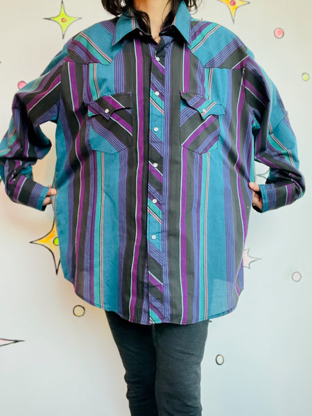 Vintage Striped Western Pearl Snap Shirt - Men's Cowboy Rodeo Style - XL