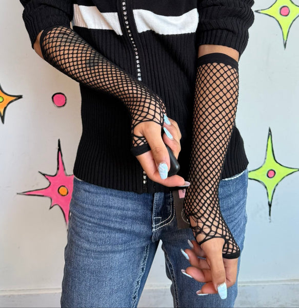 Black Fishnet Gloves | Goth Punk Y2K Mesh Fingerless Gloves