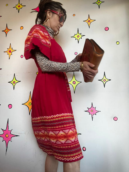 Vintage Mexican Embroidered Dress Red Oaxacan Folk Boho Fiesta Cotton - SM