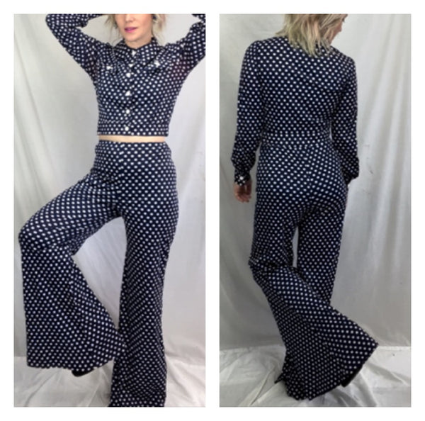 Vintage 60s 70s | Navy MOD Groovy Bellbottoms Pantsuit 2 Piece Suit Set | S