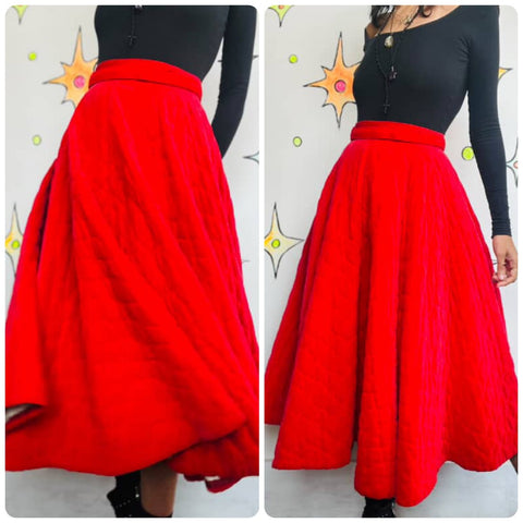 True Vintage 1950s Cherry Red Quilted Velvet Circle Skirt - Swing Rockabilly - S