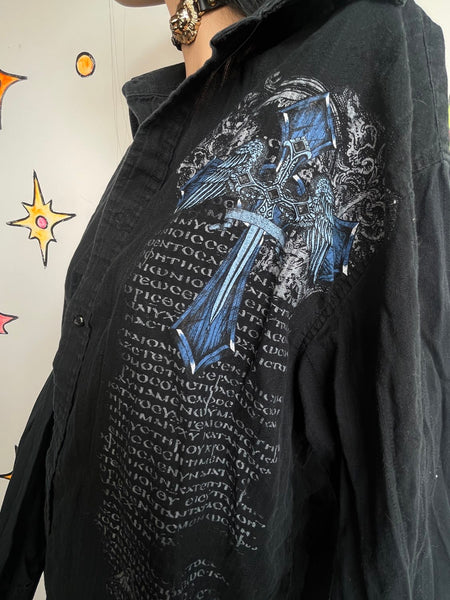 Y2K Affliction Style Tattoo Print Button-Up Black & Blue Graphic Shirt L/XL