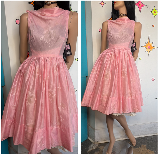 Vintage 50s Pink Bows Dress Babydoll Cotton Cupcake Party Kawaii Twirl Pinup S/M