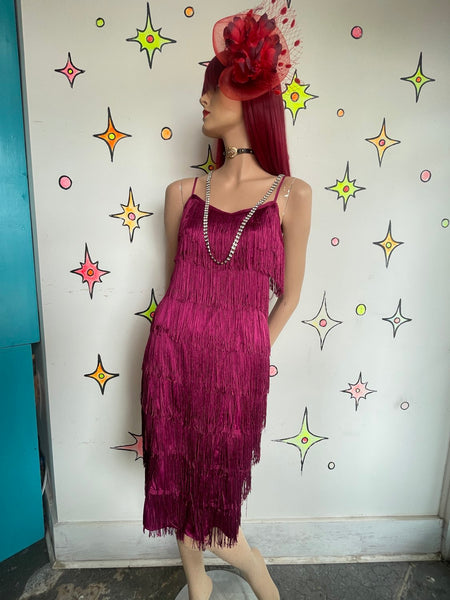 Raspberry Red Fringe Flapper Dress 20s Roaring Flapper or 60s Go-Go Mini M
