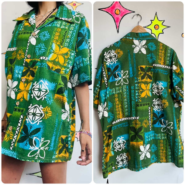 Vintage 60s 70s Green Hawaiian Tiki Shirt - Aloha Surf Style - JCPenney - XL