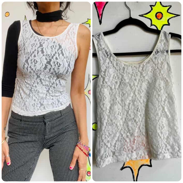 Vintage 90s | White Lace Sheer Coquette Fairy Grunge Camisol Blouse Top | S M