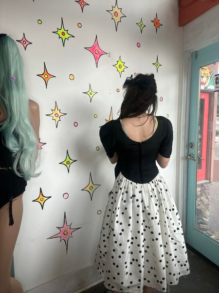 Gunne Sax 80s Party Cupcake Dress Black and White Polka Dot Poofy Crinoline S