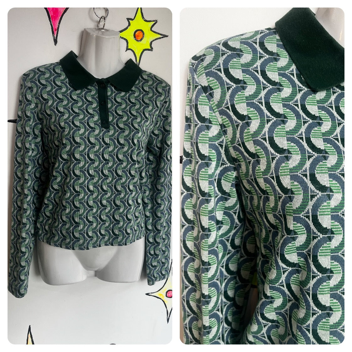 Vintage 70s | Groovy Green Retro Disco Collar Shirt | Medium