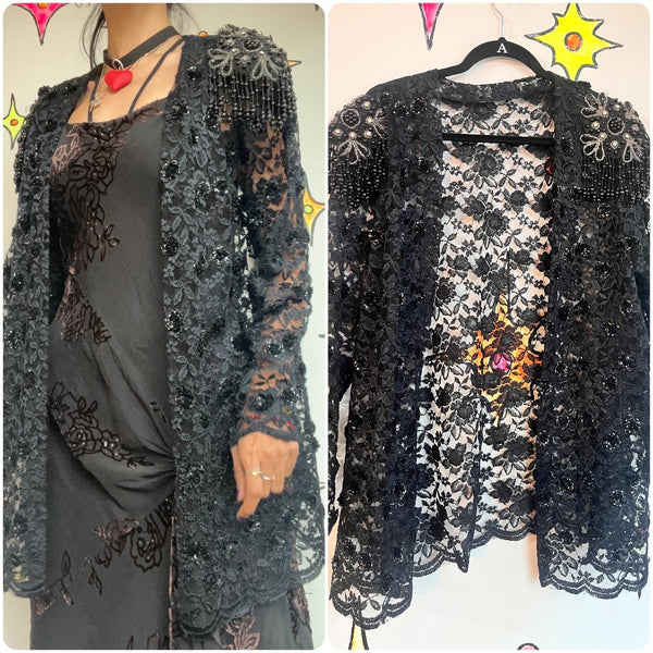 Vintage Black Fairy Grunge Babydoll Beaded Whimsy Goth Lace Duster Jacket Robe