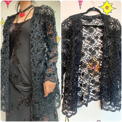 Vintage Black Fairy Grunge Babydoll Beaded Whimsy Goth Lace Duster Jacket Robe