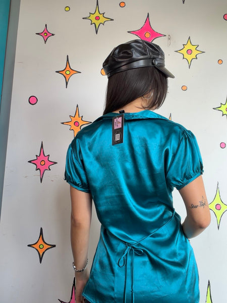 Y2K Teal Satin Blouse | Office Siren Glam Academia Shimmer Top Medium