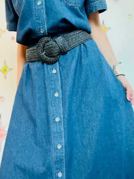 Vintage 90s Denim Button Down Dress – Grunge Boho Streetstyle Emo Midi – S (5/6)