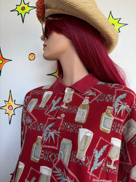 Vintage Red Tiki Souvenir Aloha Party Shirt Hawaiian Polo Knit Plus Size XXL+