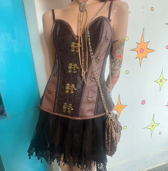 Steampunk Cosplay Brown Paisley Vegan Leather Corset Bustier Top | 3XL