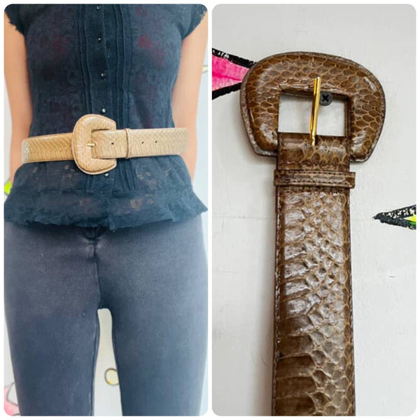80s Vintage | Tan Snakeskin Leather Belt | M/L | Real Snakeskin Belt