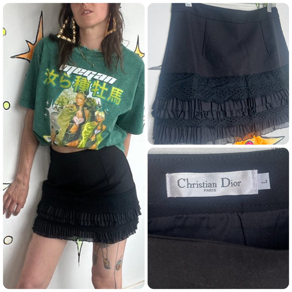 Christian Dior Black Ruffle Skort Lace Whimsy Goth Designer Mini Skirt L