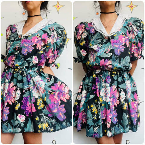 80s Floral Babydoll Dress Cottage Core Fairy Grunge Kawaii Secretary Vintage S/M