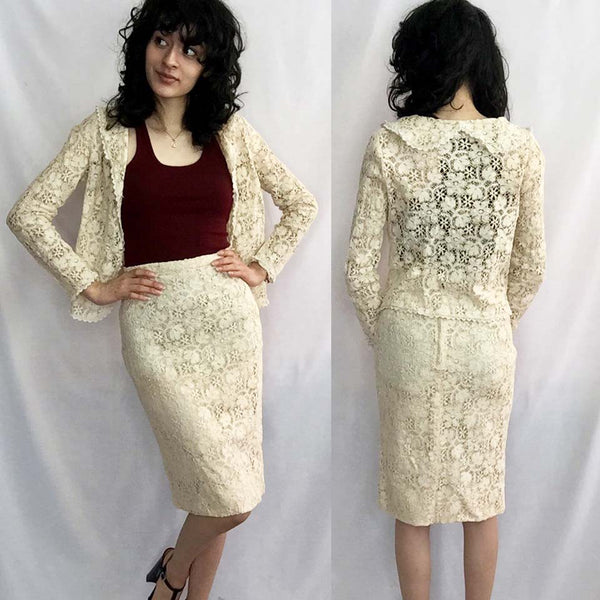 Vintage 40s 1950s | Off White Lace 2 Piece Suit Set Dress | XS