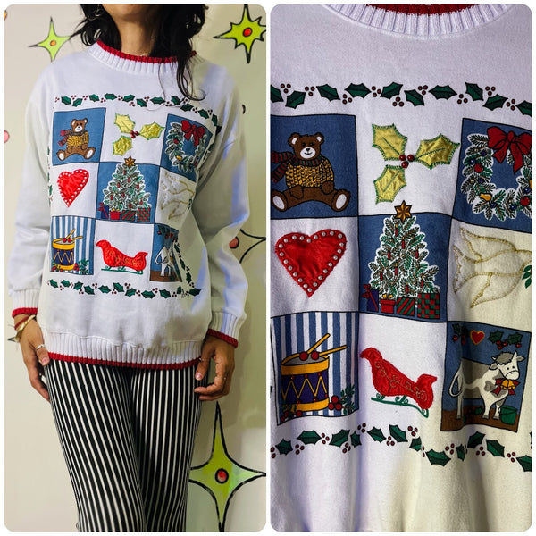 Vintage 80s 90s Tacky Ugly Christmas Patchwork Sweater – Holiday Party - M/L