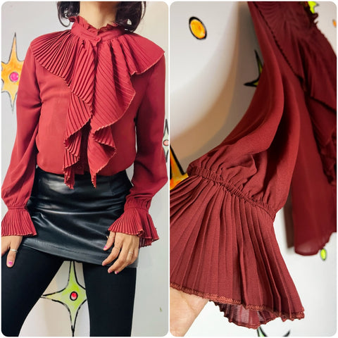 Vintage Y2K Burgundy Romantic Ruffled Victorian Revival Goth Secretary Blouse S