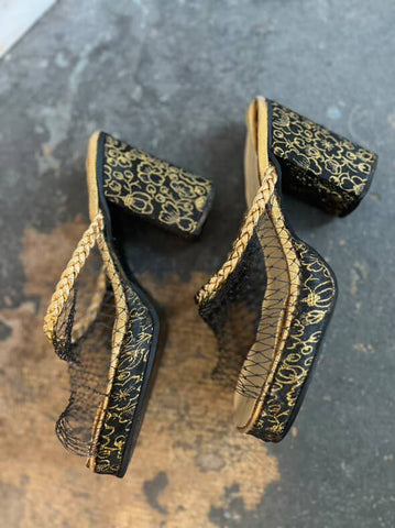 Vintage 40s Black Embellished Peeptoe Platform Heels - 40s Glam Shoes - 7 - 7.5