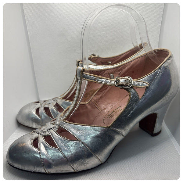 Antique 1920s Silver Gatsby T-Strap Leather Heels - Art Deco - Size 36 US 6.5-7