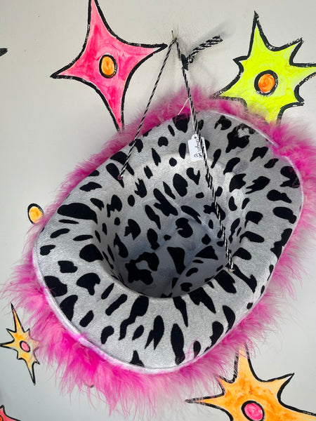 Cow Print Cowgirl Hat Pink Feather Trim Western Barbiecore Festival
