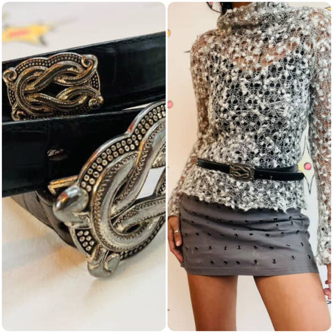 Vintage 90s Black Leather Western Belt - Silver Buckle & Embellishments - Size L