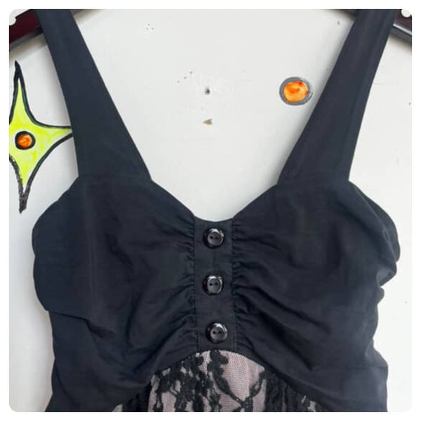 Vintage Y2K Black Pink Lace Sheer Babydoll Whimsy Goth Fairy Grunge Mini Dress M