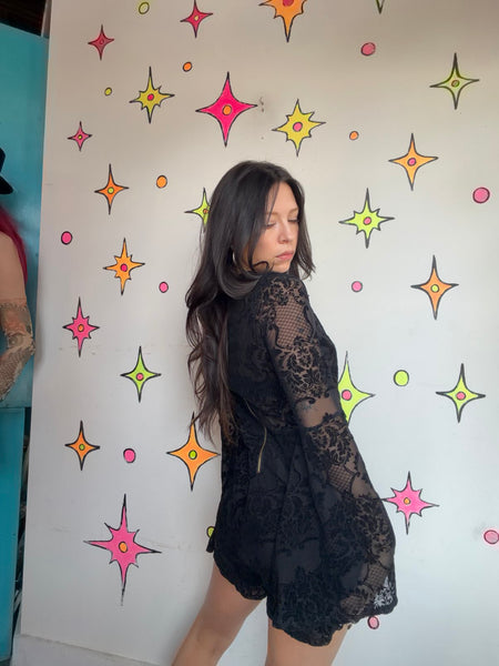 Vintage Black Velvet Burnout Playsuit Goth Fairy Grunge Bell Sleeve Romper L