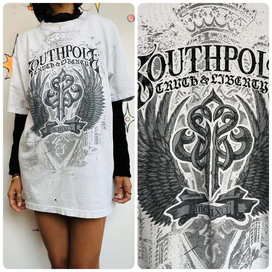 Y2K Tattoo Print Tee - Grunge Goth Distressed Vintage T Shirt - Streetwear - XL